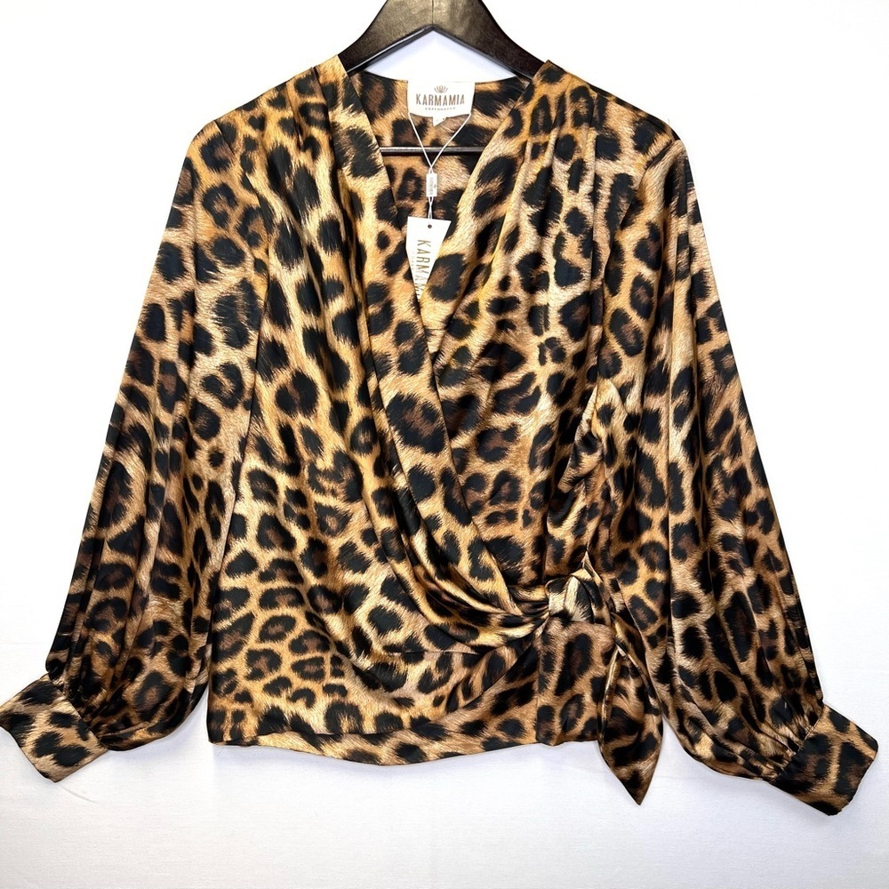 Karmamia Ines faux wrap blouse Satin top‎ size XL Leopard Print classy feminine